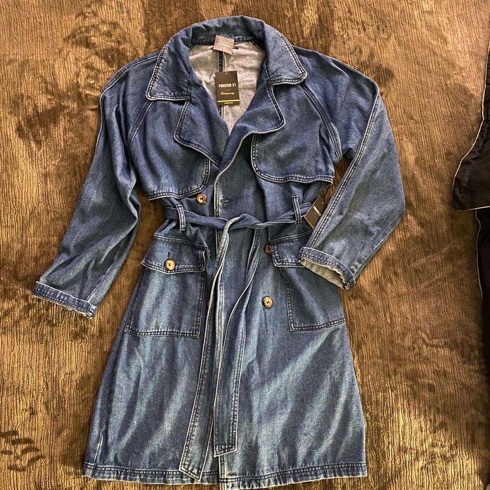 Forever 21 long Jean Belted Trench Coat
